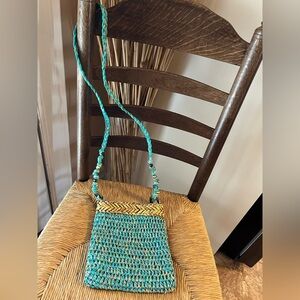 VTG Cappelli Straworld Crochet Straw Crossbody Bag Boho Beaded Aqua Turquoise